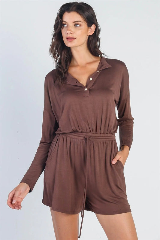 Tobacco Button Up Neck Detail Long Sleeve Romper /1-1-1 - Tasha Apparel Wholesale
