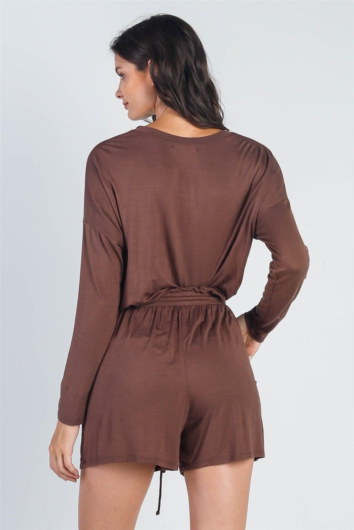 Tobacco Button Up Neck Detail Long Sleeve Romper /1-1-1