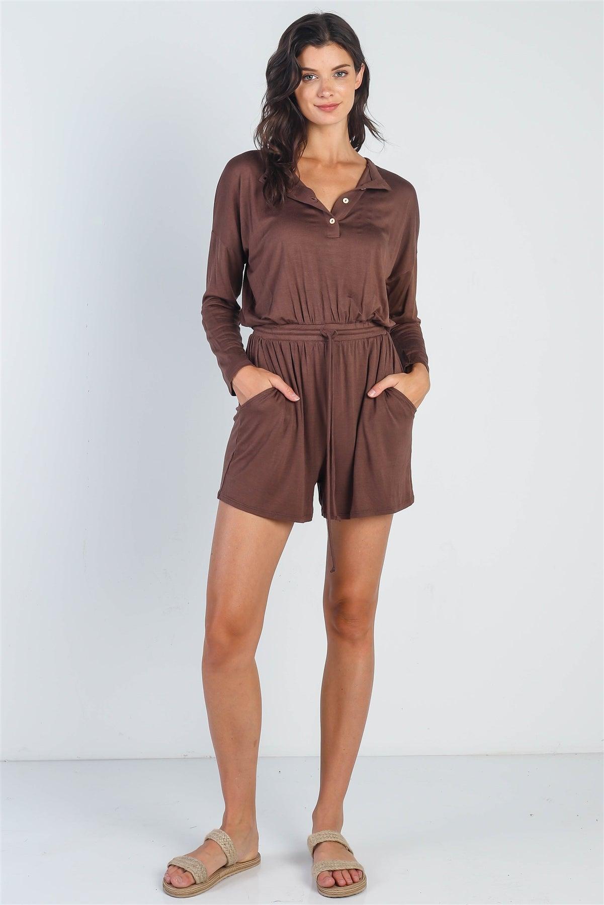 Tobacco Button Up Neck Detail Long Sleeve Romper /1-1-1