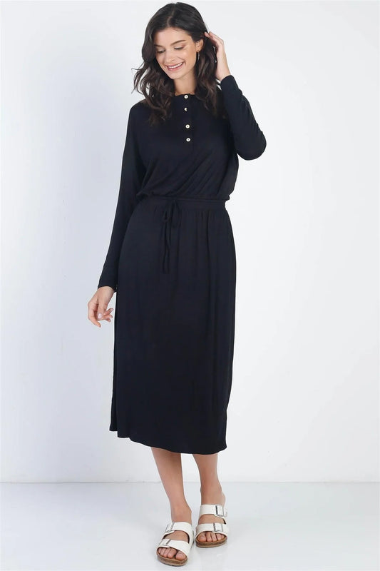 Black Button Up Neck Detail Fitted Waist Midi Dress /1-1-1 - Tasha Apparel Wholesale