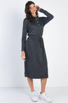 Charcoal Button Up Neck Detail Fitted Waist Midi Dress /1-1-1