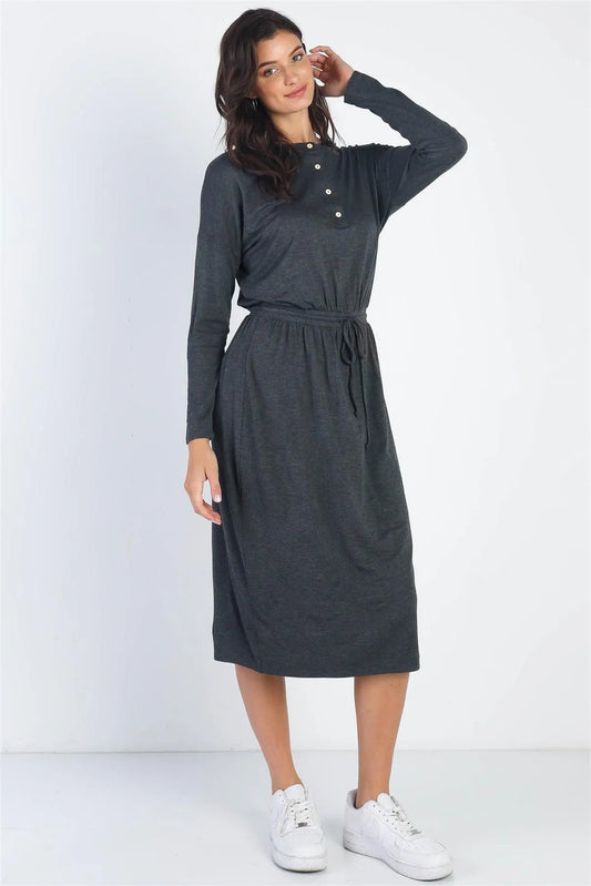 Charcoal Button Up Neck Detail Fitted Waist Midi Dress /1-1-1 - Tasha Apparel Wholesale