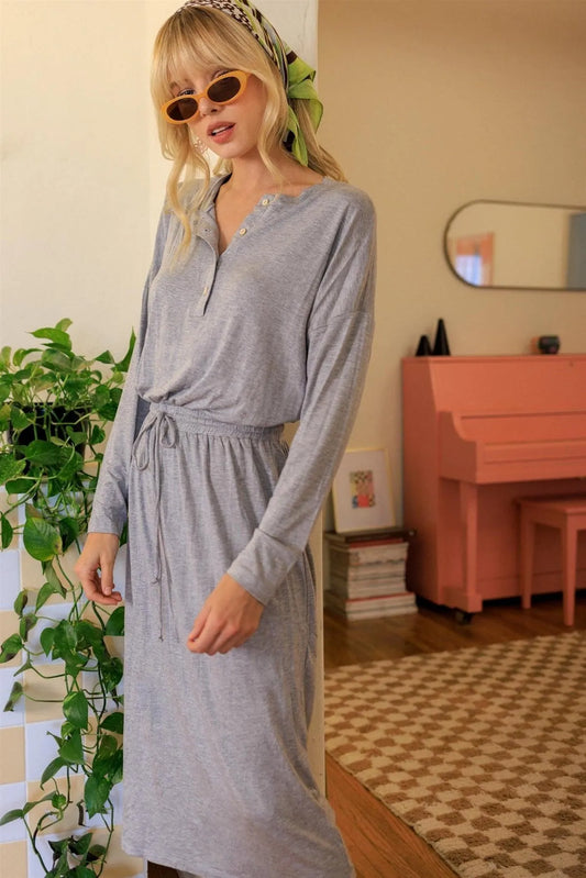 Heather Grey Button Up Neck Detail Fitted Waist Midi Dress /1-1-1 - Tasha Apparel Wholesale
