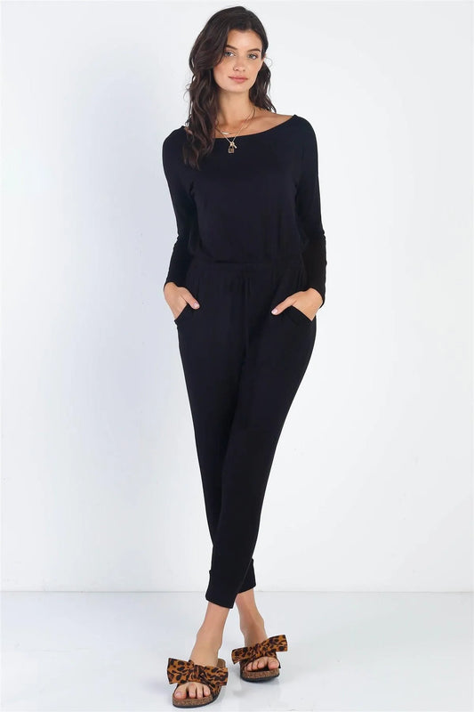 Black Round Neck Fitted Waistline Two Pocket Jumpsuit /1-1-1 - Tasha Apparel Wholesale