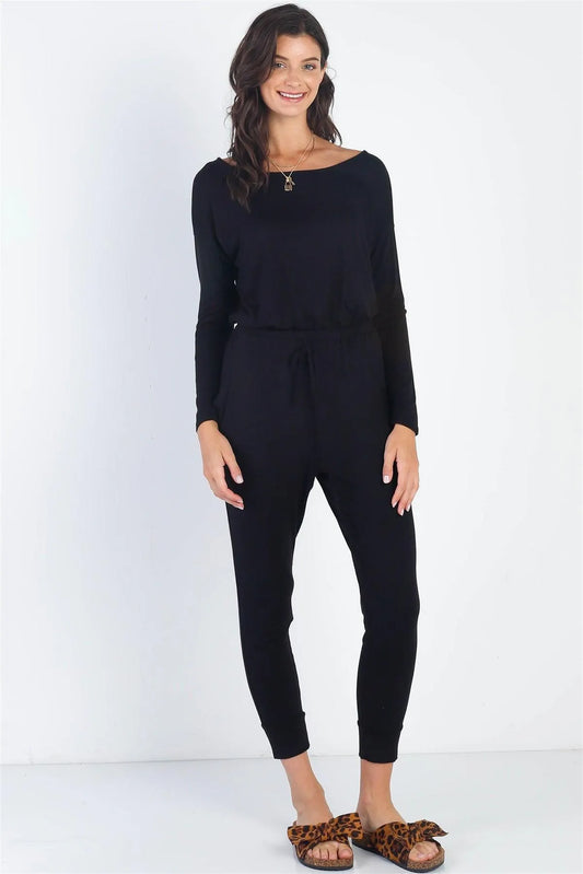 Black Round Neck Fitted Waistline Two Pocket Jumpsuit /2-1-1 - Tasha Apparel Wholesale