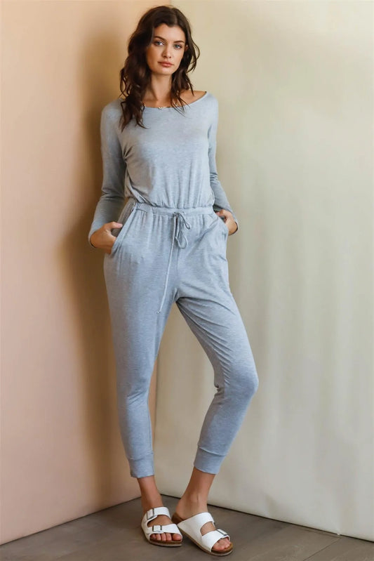 Heather Grey Round Neck Fitted Waistline Two Pocket Jumpsuit /1-1-1 - Tasha Apparel Wholesale