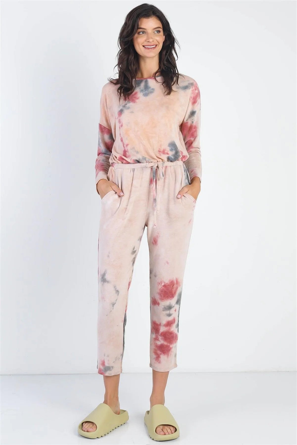 Burgundy Tie-Dye Round Neck Long Sleeve Jumpsuit - Tasha Apparel Wholesale