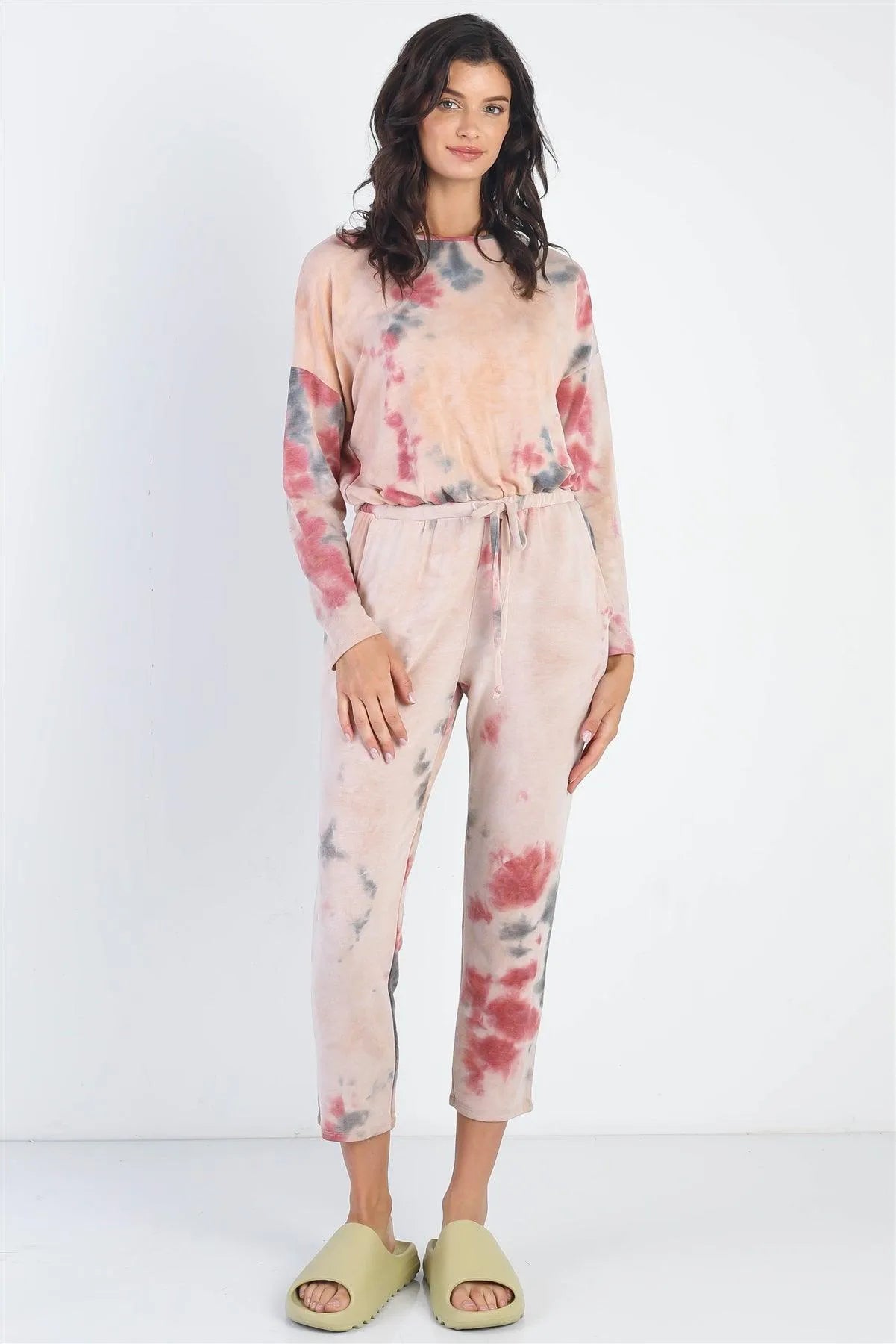 Burgundy Tie-Dye Round Neck Long Sleeve Jumpsuit - Tasha Apparel Wholesale