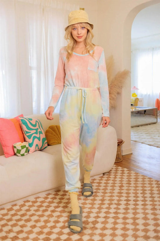 Tie-Dye Flannel Long Sleeve Jogger Onesie Jumpsuit - Tasha Apparel Wholesale