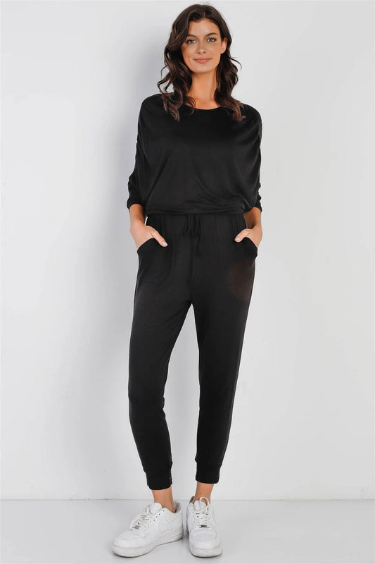 Black Ruched Detail Dolman Midi Sleeve Fitted Waistline Jumpsuit /1-1-1 - Tasha Apparel Wholesale