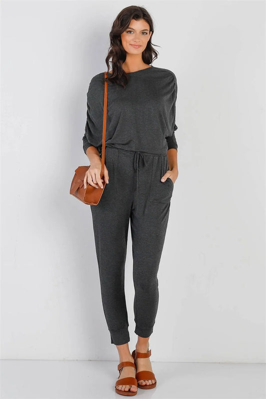 Charcoal Ruched Detail Dolman Midi Sleeve Fitted Waistline Jumpsuit /1-1-1 - Tasha Apparel Wholesale