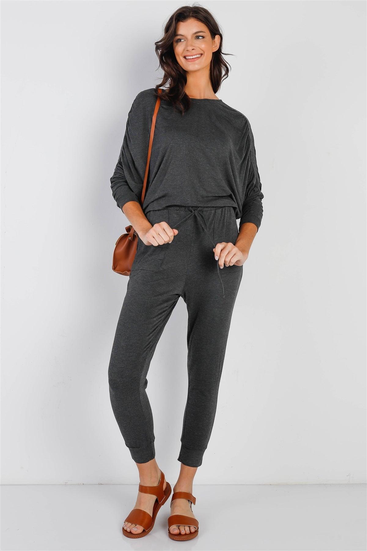 Charcoal Ruched Detail Dolman Midi Sleeve Fitted Waistline Jumpsuit /1-1-1