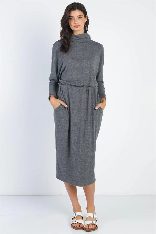 Charcoal Turtle Neck Long Sleeve Soft Midi Dress - Tasha Apparel Wholesale