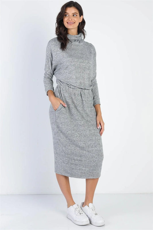 Heather Grey Turtle Neck Long Sleeve Midi Dress - Tasha Apparel Wholesale