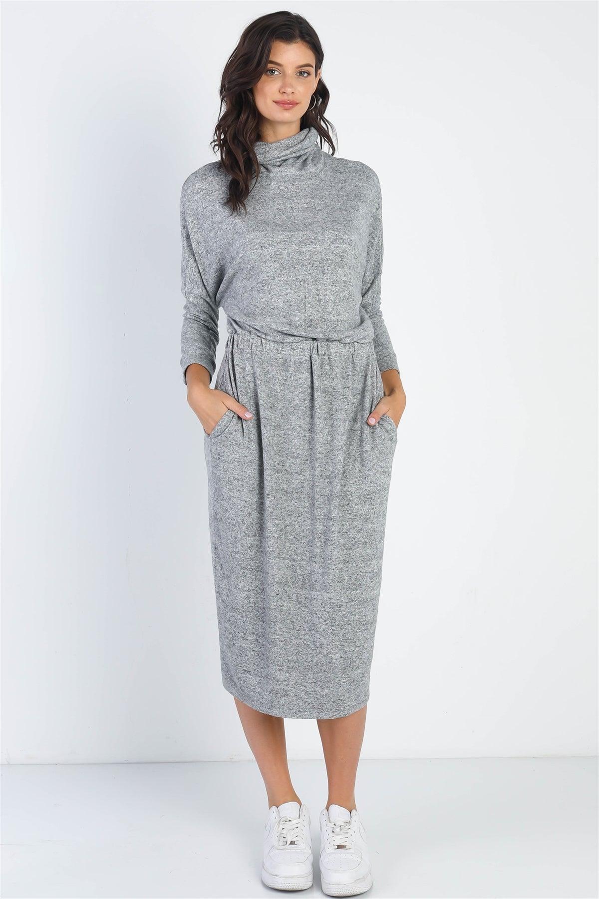 Heather Grey Turtle Neck Long Sleeve Midi Dress /1-1-1