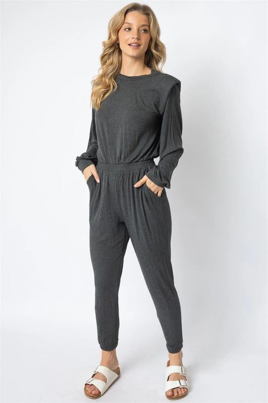 Charcoal Shoulder Pad Long Sleeve Jumpsuit - Tasha Apparel Wholesale