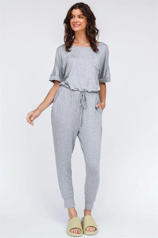 Heather Grey Front Pocket Fitted Waistline Round Neck Short Sleeve Jumpsuit /1-1-1 - Tasha Apparel Wholesale