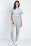 Heather Grey Velour Short Sleeve Two Pocket Elasticized Waist Jumpsuit /1-1-1