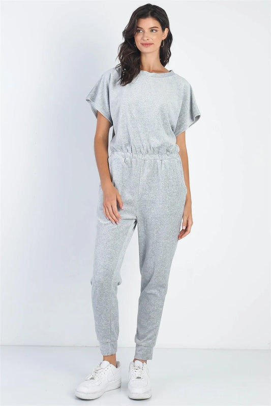 Velour Short Sleeve Two Pocket Elasticized Waist Jumpsuit - Tasha Apparel Wholesale