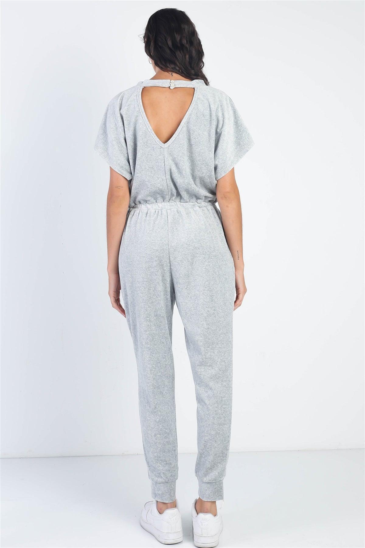 Heather Grey Velour Short Sleeve Two Pocket Elasticized Waist Jumpsuit /1-1-1