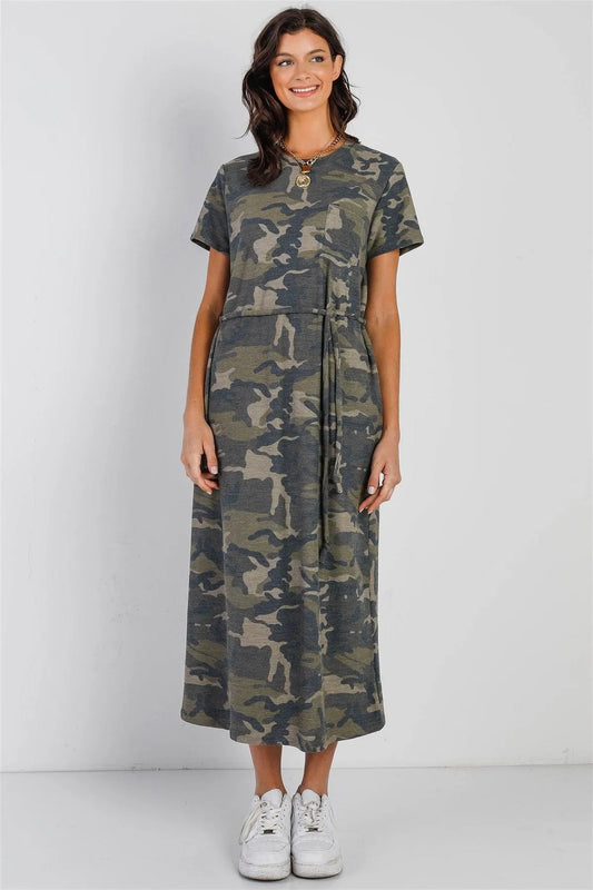 Dark Camo Self-Tie Belted Short Sleeve Midi Dress - Tasha Apparel Wholesale