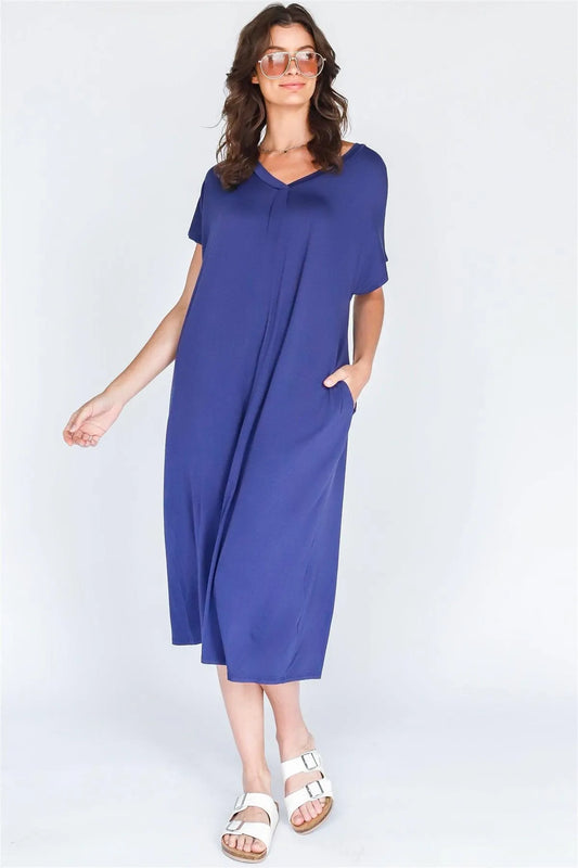 Blueberry V-Neck Short Sleeve Midi Dress /1-1-1 - Tasha Apparel Wholesale