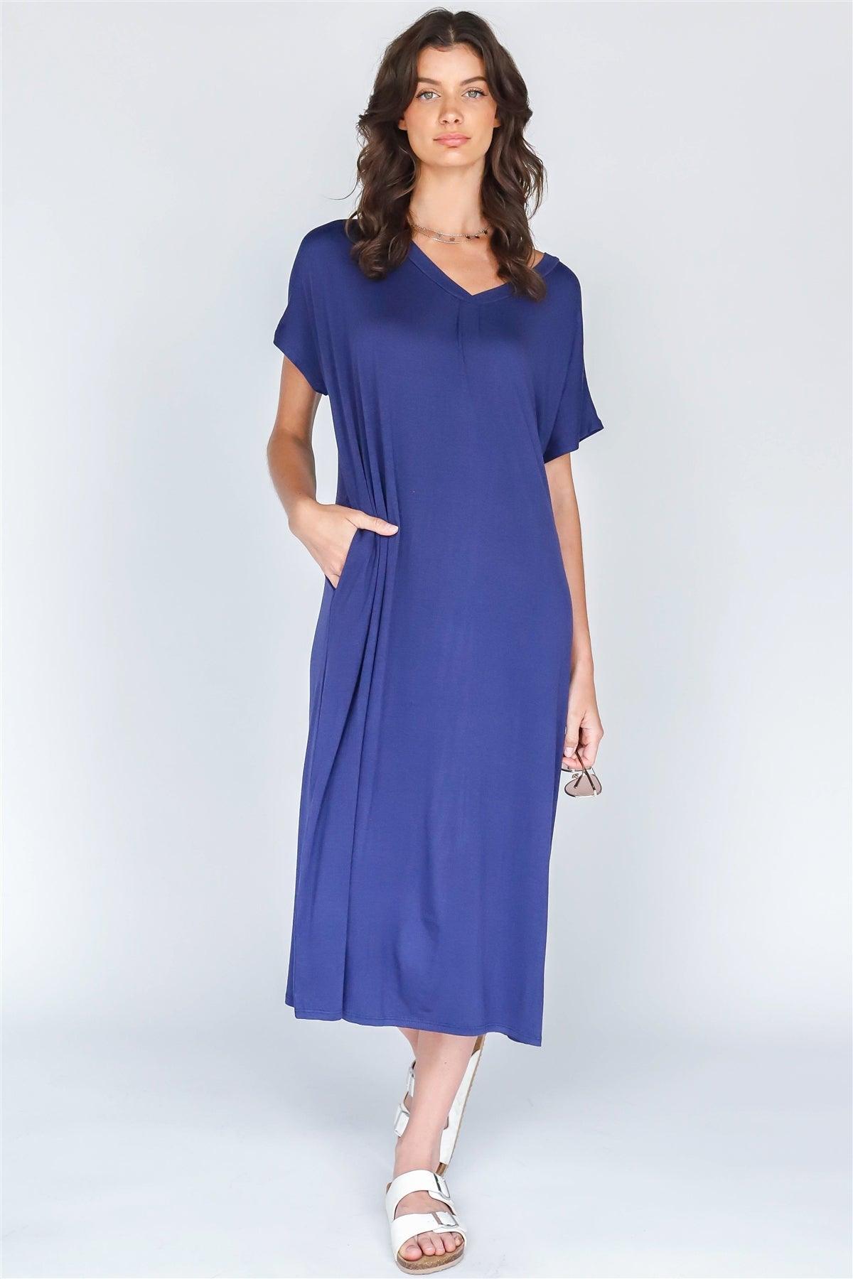 Blueberry V-Neck Short Sleeve Midi Dress /1-1-1
