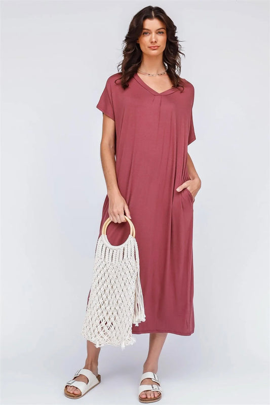 Red Brow V-Neck Short Sleeve Midi Dress /1-1-1 - Tasha Apparel Wholesale