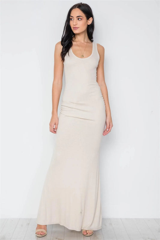 Taupe Ruched Side Jersey Tank Knit Maxi Long Dress /2-2-2 - Tasha Apparel Wholesale