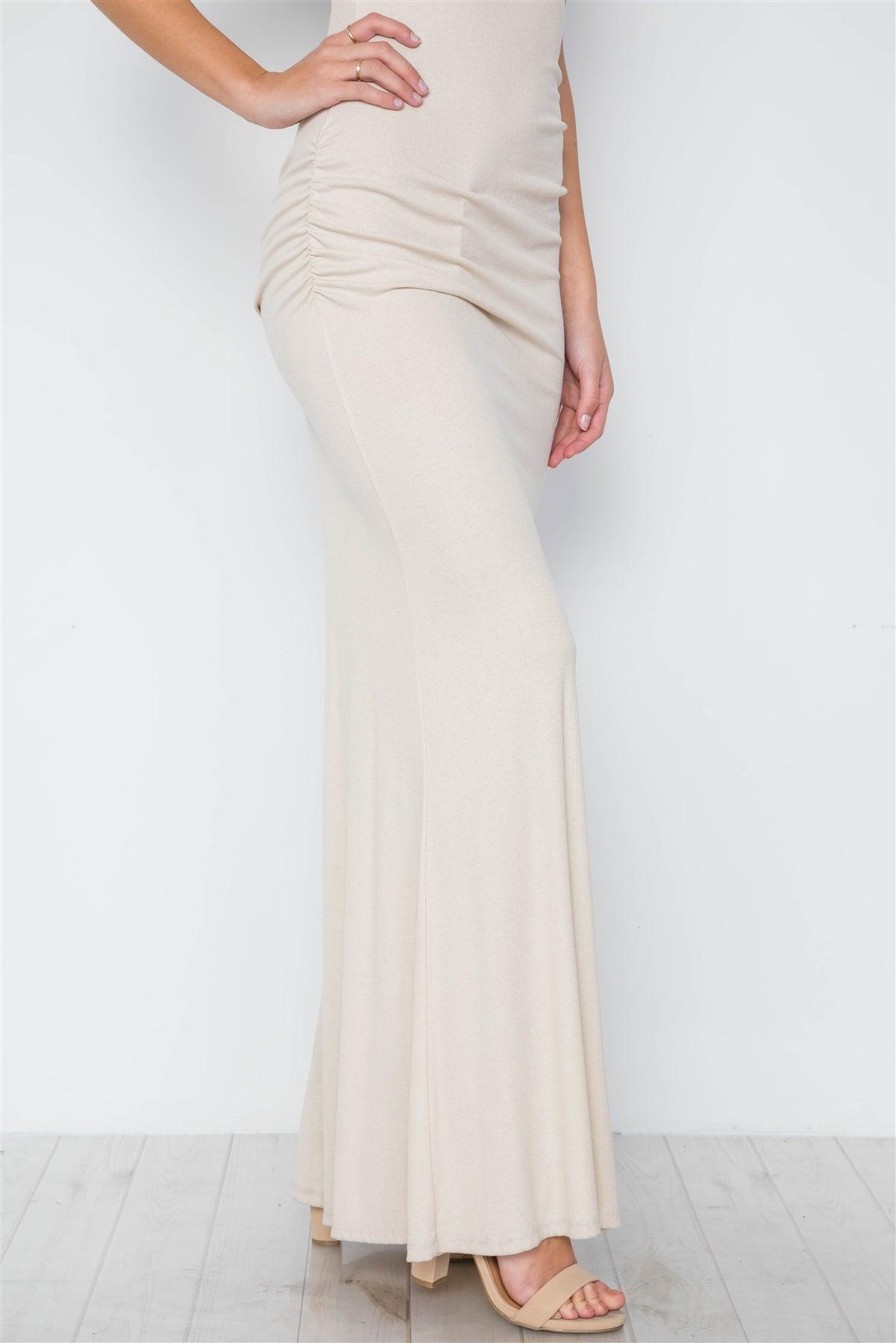 Taupe Ruched Side Jersey Tank Knit Maxi Long Dress /2-2-2