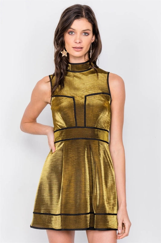 Gold Silver Metallic Mock Neck Skater Mini Dress /3-2-1 - Tasha Apparel Wholesale