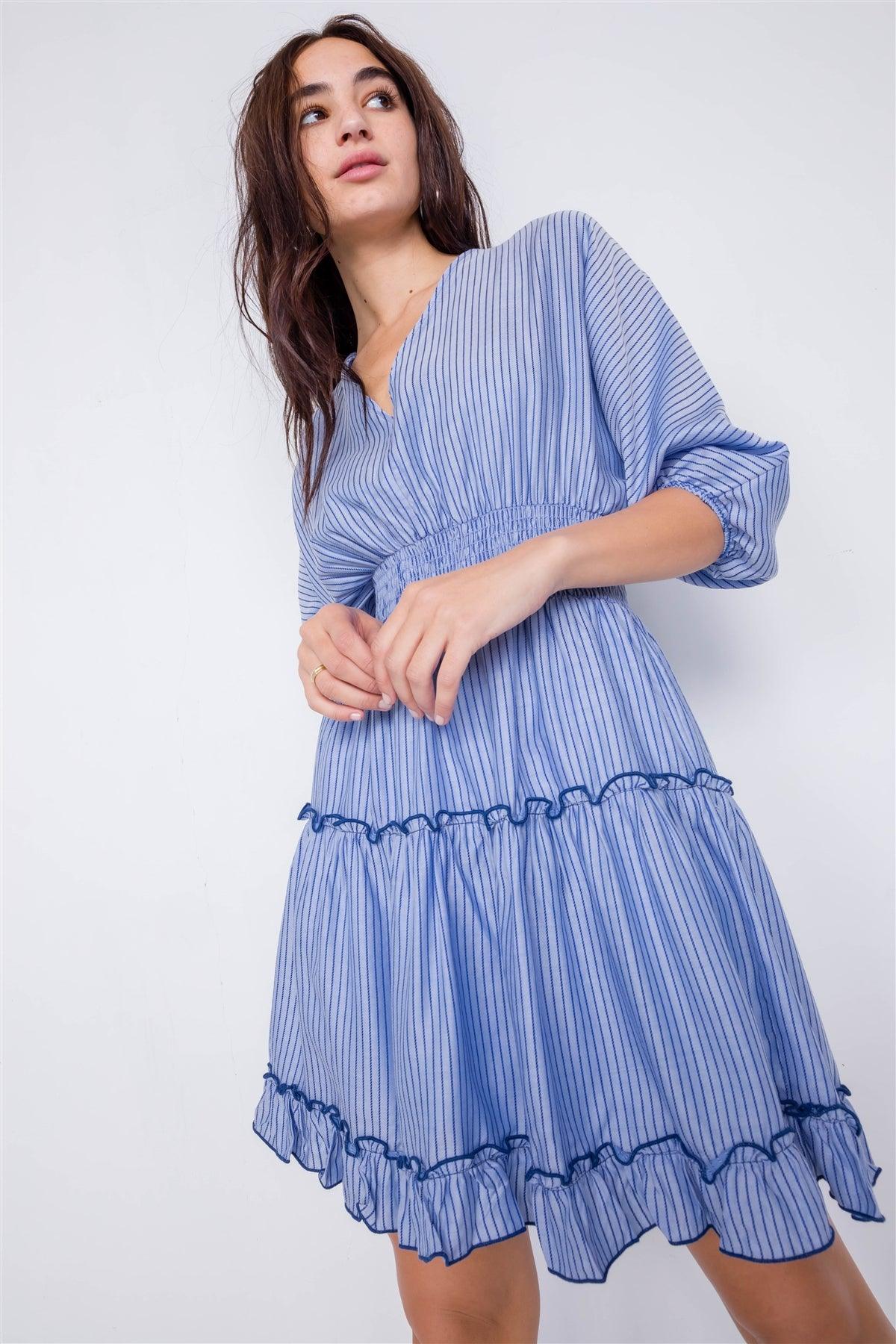 Blue Contrast Stripes Frill Trim Modern Tencel Mini Dress /3-2-1