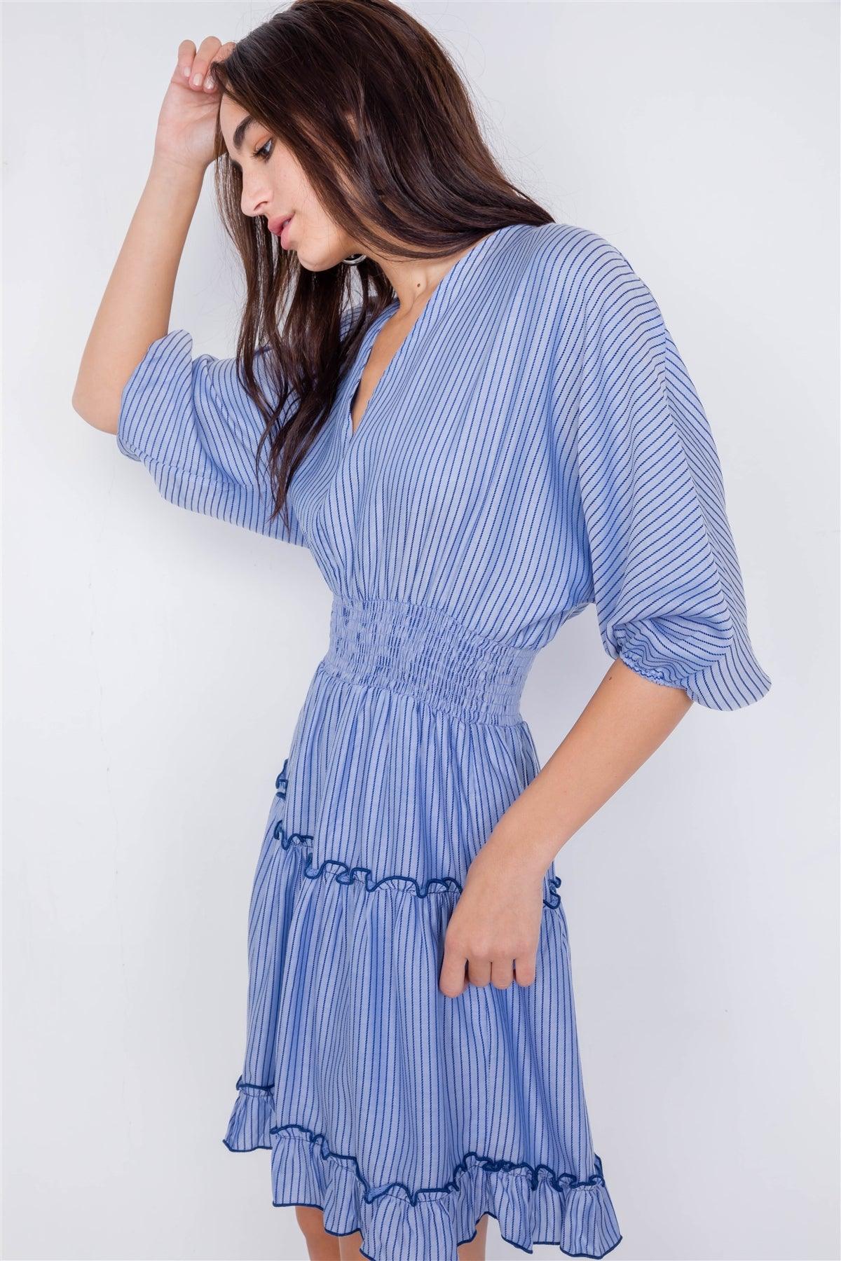 Blue Contrast Stripes Frill Trim Modern Tencel Mini Dress /3-2-1