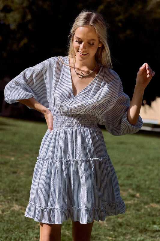 Off-White Contrast Stripes Frill Trim Modern Tencel Mini Dress /3-2-1 - Tasha Apparel Wholesale