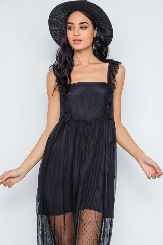 Black Sheer Dotted Mash Ruffle Midi Dress /3-2-1 - Tasha Apparel Wholesale