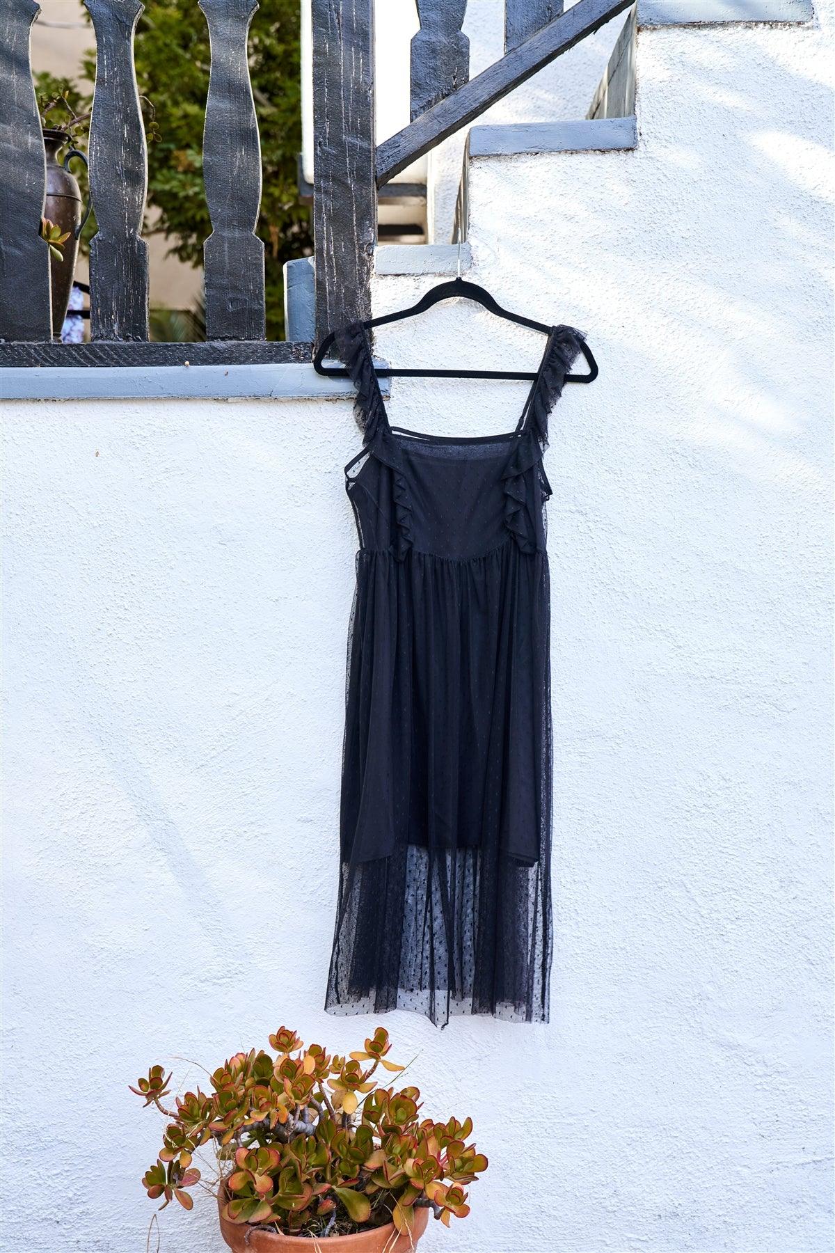 Black Sheer Dotted Mash Ruffle Midi Dress /3-2-1