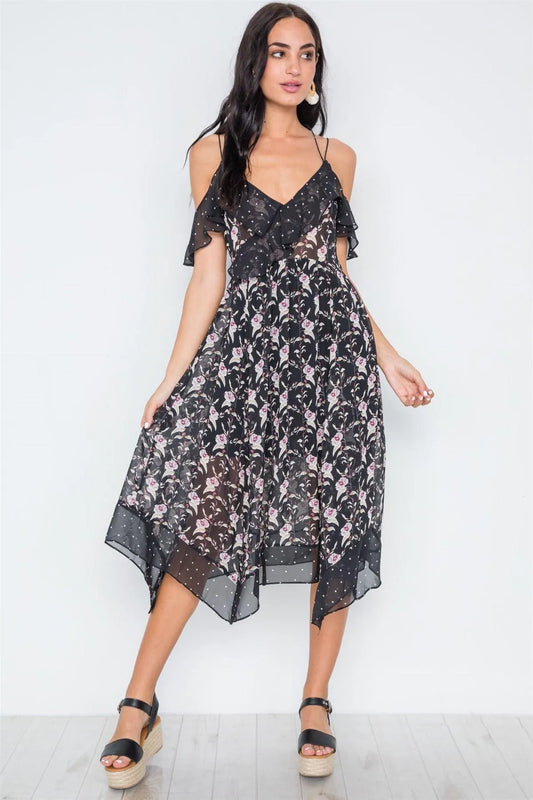 Multi Black Floral Polka Dot Print Flounce Midi Dress /3-2-1 - Tasha Apparel Wholesale
