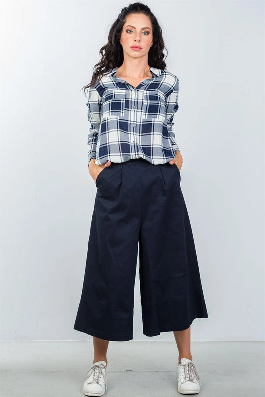 White And Navy Plaid Print Double Chest Pocket Shirt /3-2-1 - Tasha Apparel Wholesale