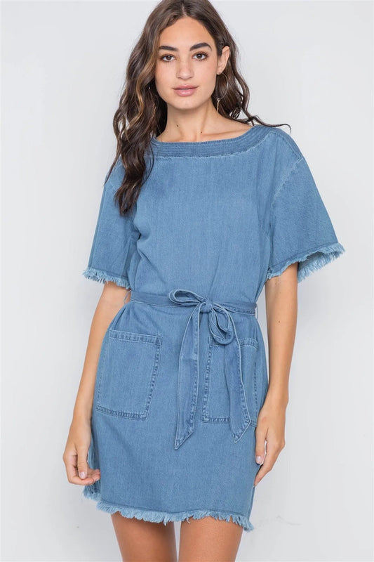 Denim Short Sleeve Frayed Mini Dress /3-2-1 - Tasha Apparel Wholesale