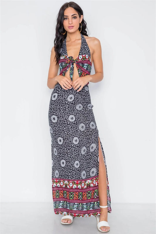 Black Floral Paisley Print Site Slit Maxi Dress /2-2-2 - Tasha Apparel Wholesale