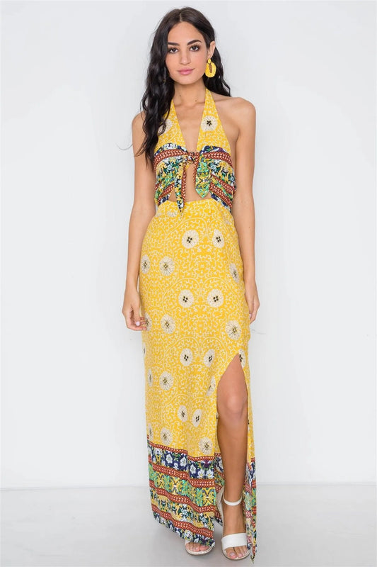 Yellow Floral Paisley Print Site Slits Maxi Dress /2-2-2 - Tasha Apparel Wholesale