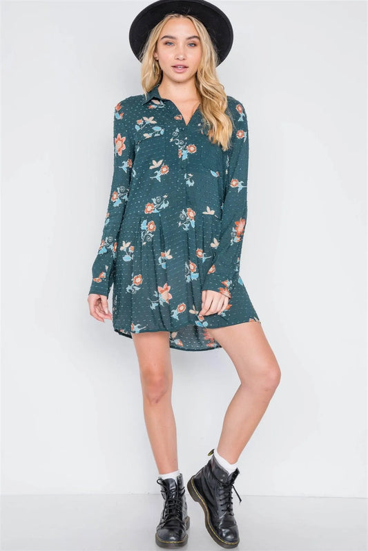 Hunter Green Floral Button-Front Shirt Dress /2-1-2 - Tasha Apparel Wholesale