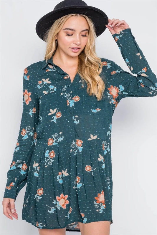 Hunter Green Floral Button-Front Shirt Dress /2-2-2 - Tasha Apparel Wholesale