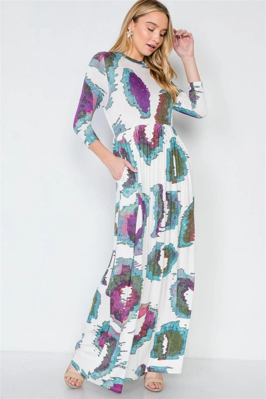 Off White 3/4 Sleeve Watercolor Printed Maxi Dress /3-2-1 - Tasha Apparel Wholesale