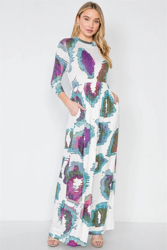 Off White 3/4 Sleeve Watercolor Printed Maxi Dress /2-3-1 - Tasha Apparel Wholesale