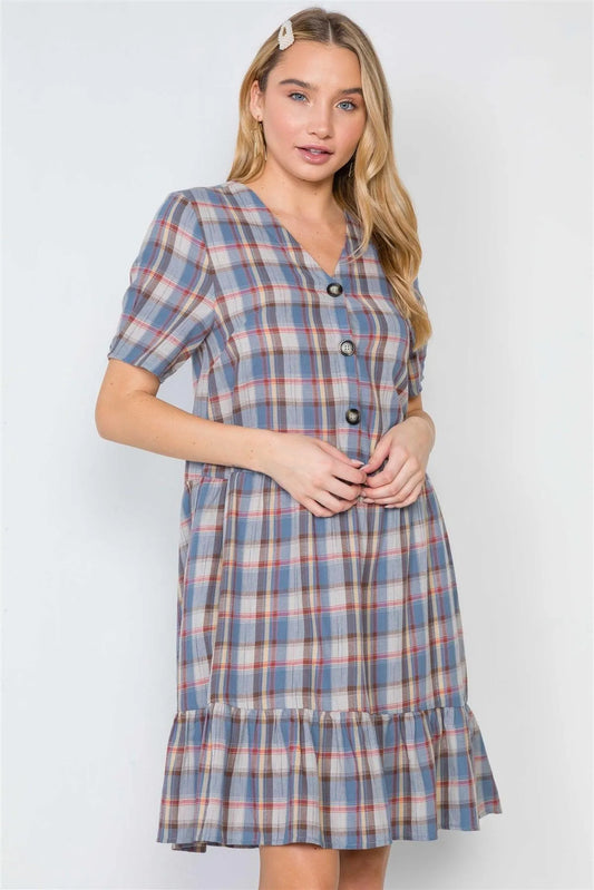 Multi Blue Plaid Short Sleeve Shirred Hem Dress /2-2-2 - Tasha Apparel Wholesale