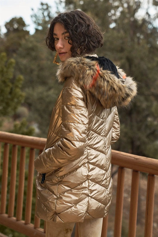 Dark Gold Glossy Finish Fitted Faux Fur Hood Chevron Padded Puffer Jacket - Tasha Apparel Wholesale
