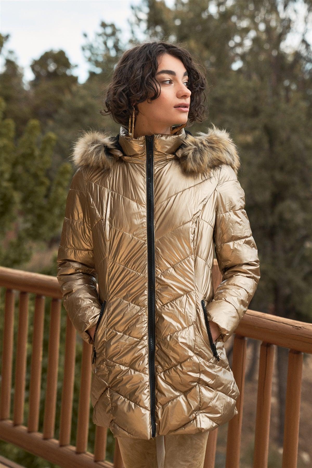 Dark Gold Glossy Finish Fitted Faux Fur Hood Chevron Padded Puffer Jacket