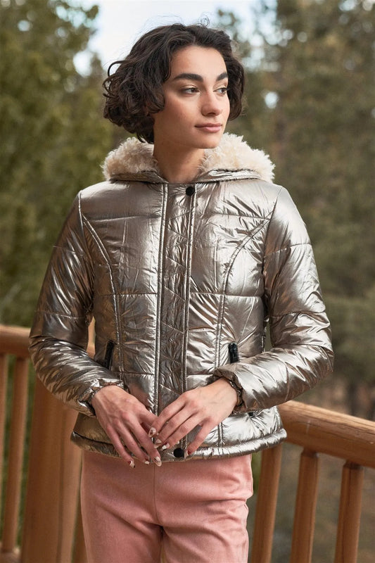 Gunmetal Long Sleeve Fuzzy Faux Fur Hood Padded Jacket - Tasha Apparel Wholesale