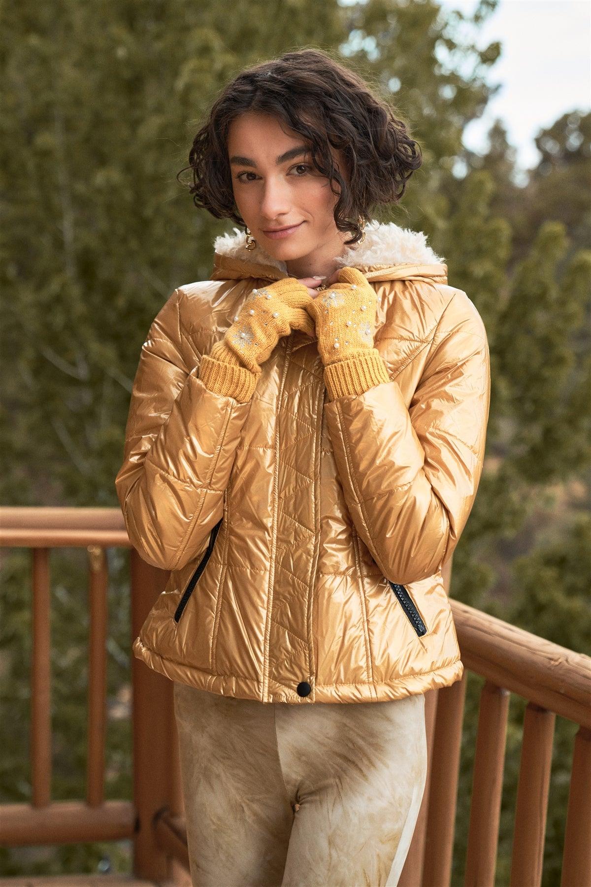 Gold Long Sleeve Fuzzy Faux Fur Hood Padded Jacket /1-1-1-1